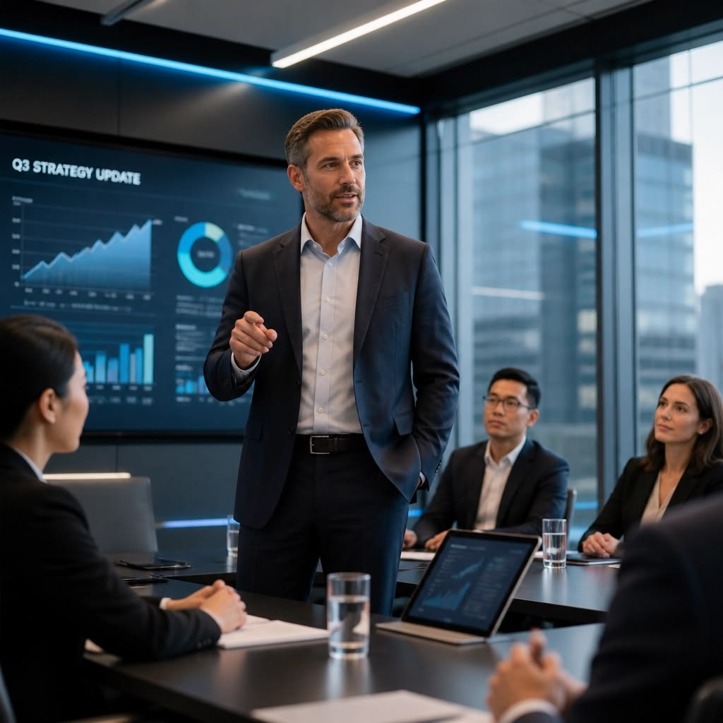 Business professionals collaborating on management strategy