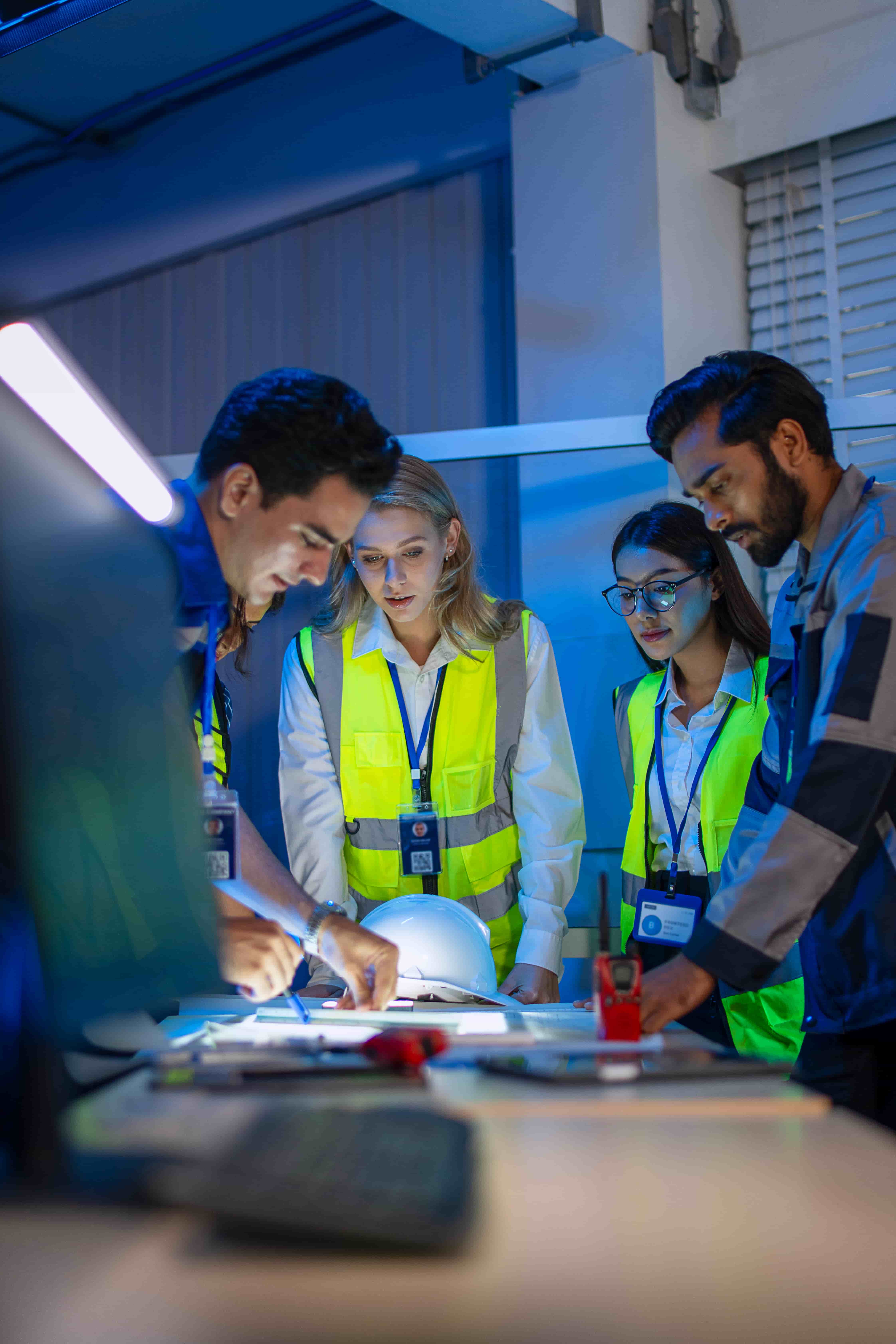 Engineering team in safety vests collaborating on a technical project
